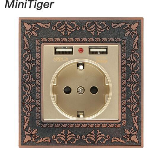 Minitiger EU Standard Power Wall Socket With Dual USB 2.1A Zinc Alloy High End Retro Panel 16A Gold Charging Port Embossed Panel