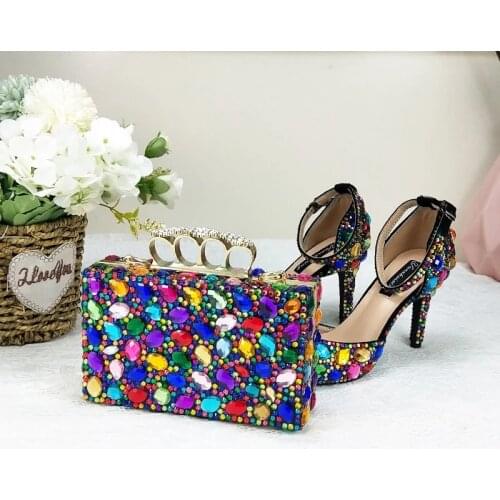 2021New Fashion Women Colorful Crystal Wedding Shoes Ladies Party Dress Shoes And Bag Bride High Thick Heel Sandals Ankle Strap