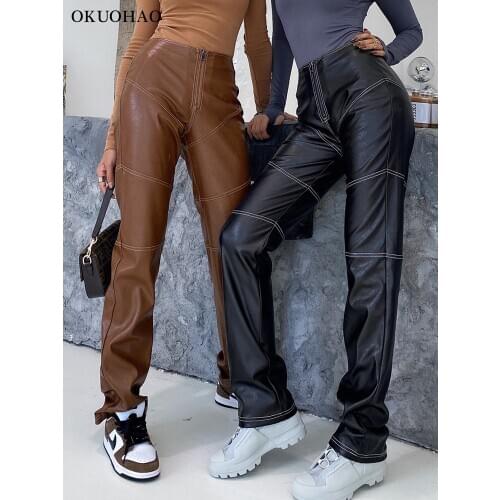 Okuohao Womens Faux Leather High Waist Straight Pants Female Boyfriend Loose Wide Leg Trousers Black Fashion PU 2020 Clothing