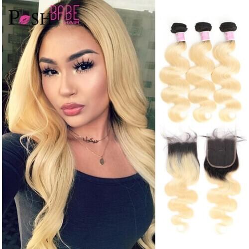 POSH BABE Blonde Ombre Colored Bundles with Lace Closure,4x4 Closure with Weft 1B 613 Body Wave Remy Brazilian Hair Weave Bundle