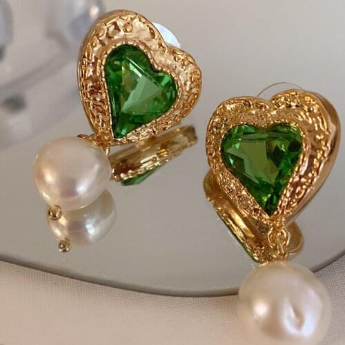 Luxury Earring For Women Retro Vintage Green Crystal Heart With Pearl Pendant Stud Earring Charm Lady Aesthetic Gift Jewelry