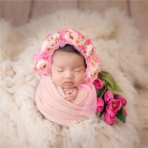 Pink Floral Bonnet Photography Props Lovely Infant Floral Hat Newborn Prop Bonnet Girl Baby Ruffle Flower Hat Newborn Cap Beanie