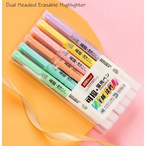 6 Color Erasable Highlighter Pen Dual Headed Marker Brush Cute Diary Journal Drawing Graffiti Handle Stationery School Supplies