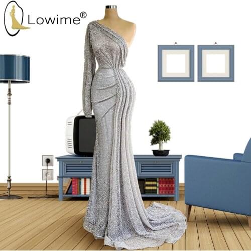 One Shoulder Silver Sequins Evening Dresses 2020 Mermaid Single Long Sleeve Pleat Formal Dress for Party