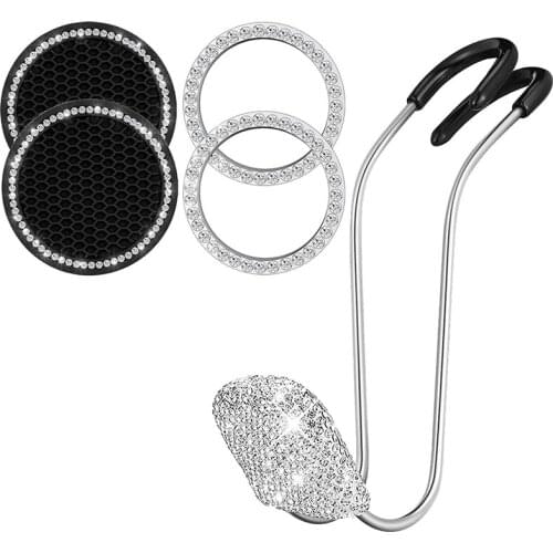 Rhinestone Car Hook 2Pcs Bling Cup Coasters 2Pcs Bling Engine Button Rings Bling Car Accessories for Women Men