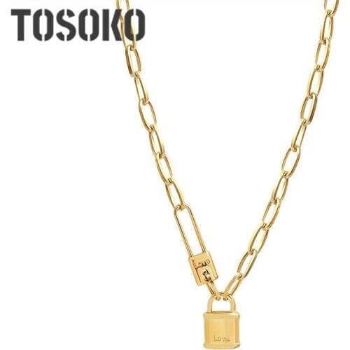 TOSOKO Stainless Steel Jewelry Hip Hop Fashion Pin Lock Head Pendant Necklace Female Clavicle Chain Jewelry BSP779