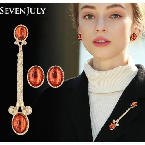 Vintage Red Oval Resin Jewelry Sets Metal Staff Brooch Geometric Stud Earrings Women Fashion Jewelry Accessory