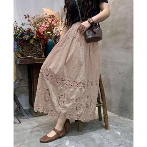 Mori Girl Hollow out Embroidery Double-Layer Skirt New Summer Literature Cotton linen Casual Skirt Women