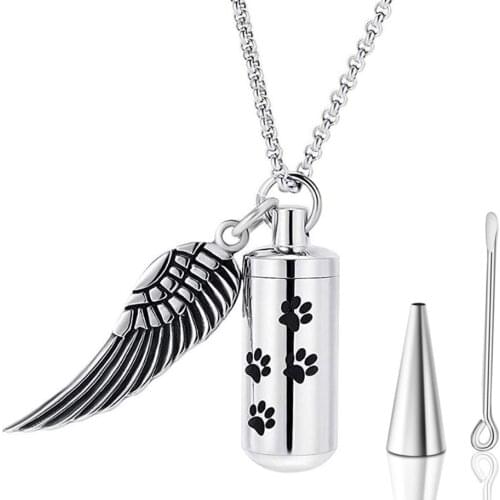 Stainless Steel Cylinder Paw Jewelry Urn Holder Pendant Angel Wing Charm Cremation Memorial Pet Memorial Necklace