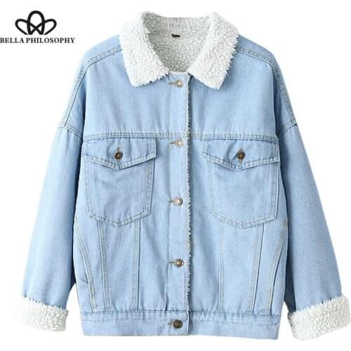 Bella Philosophy Winter Fur Denim Jacket Women Bomber Jacket Long Sleeve Washed Blue Jeans Jacket Coat Warm Lining Front Button