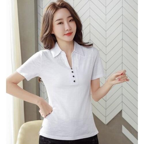 LJSXLS Cotton T-Shirt Woman Casual Turn-down Collar Short Sleeve T-shirts Female Summer Purple Plus Size Womens Clothing 2021
