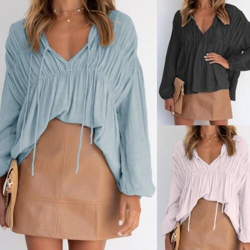 Women T-Shirts Autumn 2021 Loose Style Casual Solid Color Shirring Sexy V Neck Lace Up Long Sleeve Beach Female Blouse C2759