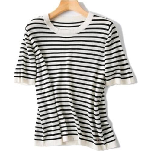 Cotton silk blend knit women spring summer fashion striped tshirt Oneck short sleeve tees S/XL retail mix bulk welcome