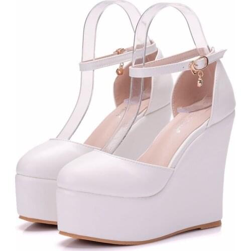 Women sandals wedding Party banquet PU Buckle Strap 13CM Wedges High Heels Round Toe women shoes sandalias mujer 2020 size 35-42