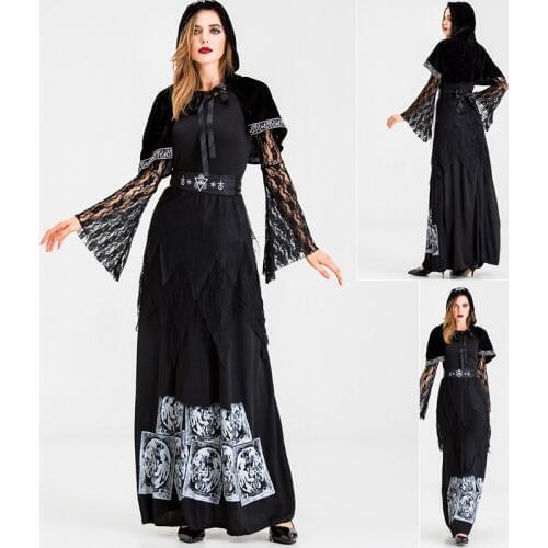 Adult women gothic halloween costume black cloak witch robes cosplay tarot divination wizard costume death vampire lace long dress