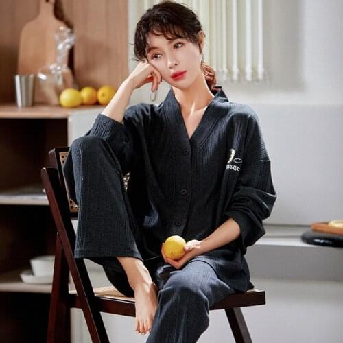 Womens Suit Autumn Cotton Kimono Cardigan Top and Trousers Pajamas Set Pure Color Lace Casual Loose Long-Sleeved Homewear New
