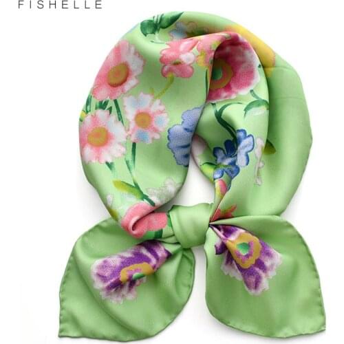 Luxury 100% twill silk scarf women headband printing green flower 65cm square bandana foulard ladies hair scarves headscarf warp