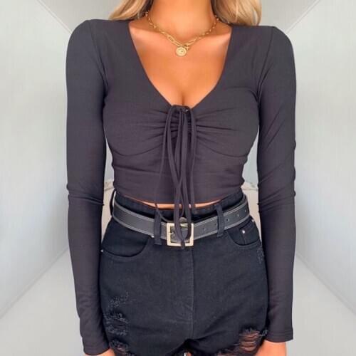 Women V Neck Ruched Front Long Sleeve Crop Top Sexy Fitted T-shirt