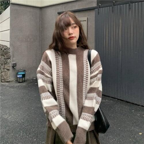 2021Womens sweater Vintage Pullover and Sweaters Winter Loose Style Striped Pull Jumpers Korean style Knitwear Casual Tops