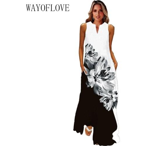 WAYOFLOVE New Black White Dress Vintage Summer Beach Casual Plus Size Long Dresses Summer Woman Sleeveless Girl Maxi Dress Women