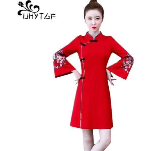UHYTGF Womens Dress Lotus Leaf Sleeve Embroidered Autumn Winter Dress Retro Ethnic Style Pullover Elegant Plus Size Dresses 771