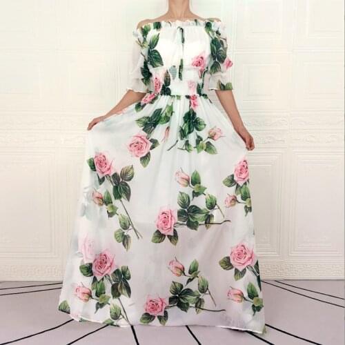 Plus Size Floor-Length Dress Boho Beach Summer New WomenS Rose Flower Print Casual Party Holiday Elastic Band Chiffon Dresses