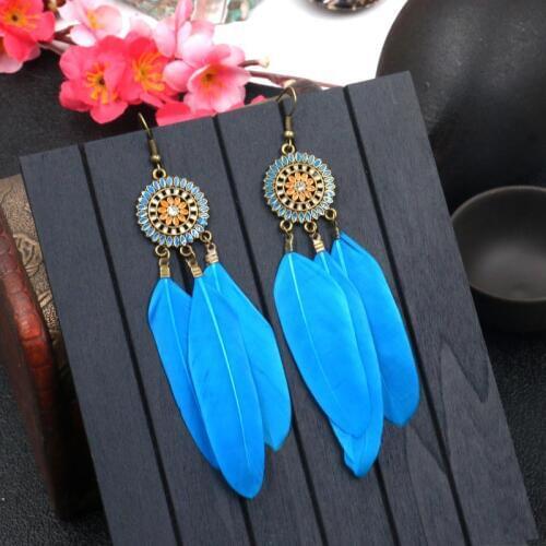 12color Long Feather Earring Sunflower Colorful Feather Earrings Fashion Jewelry Bohemian Ethnic Style Dangle Earrings