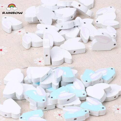 White and Blue Rabbit Pattern Rabbit Shape Wooden Spacer Beads For Jewelry making DIY 50pcs 20x16mm