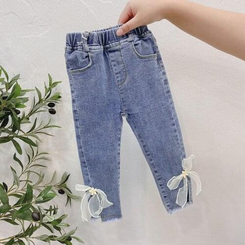 Childrens clothing Korean style spring new girls' bowknot stretchy feet slim jeans