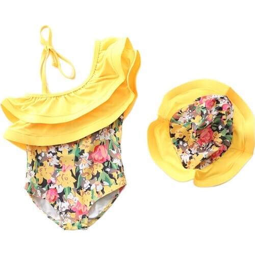 1~7Y Baby Girls Swimming suit Ruffle Style Children Swimwear Swimming suit for Kid Girls one piece Beach wear with Cap-SW442