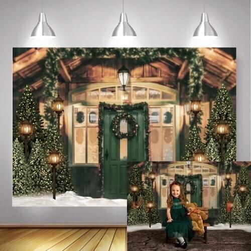 Photography Christmas Backdrops Green Wooden Door Snow House Xmas Background Photo Studio Winter Christmas Tree Decor Props
