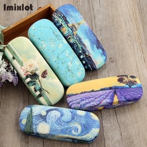 Oil Painting Glasses Case Box Women Hard Leather Reading Glasses Case Retro Students Floral Print Eyewear Storage Box K0164