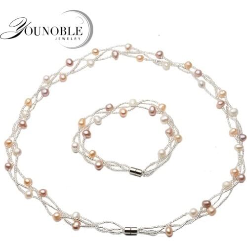 Beautiful Wedding Natural Freshwater Pearl Jewelry Sets & More Hand-knitted Necklace Bracelet For Women