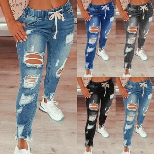 Summer Womens Ripped Jeans Plus Size Oversized Stonewash Hole Denim Trousers Fashion Jeans Female Drawstring Pencil Pants