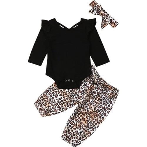 Lioraitiin 3PCS Baby Girl Toddler Fall Clothes Outfit Long Sleeve Solid Black Cotton Romper Leopard Pants Headband Clothes Set