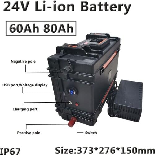 Strong power 24V 60Ah 80Ah lithium battery pack 3.7v li ion cell with power BMS for 3600w camping Night fishing +10A charger