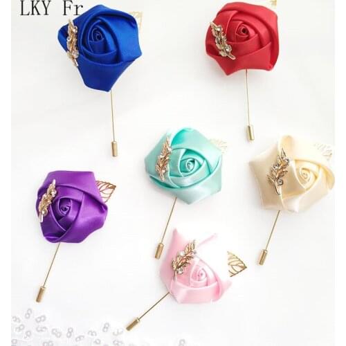 LKY Fr Boutonniere Wedding Corsage Pin Flowers Ribbon Roses Rhinestone Boutonniere Men Mariage Wedding Corsages and Boutonnieres