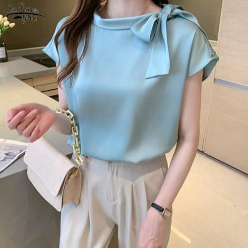 2021 New O-neck Bow Women Shirts Tops Summer Short Sleeve Silk Satin Blouses Women Casual Plus Size Female Clothing Blusas 14342