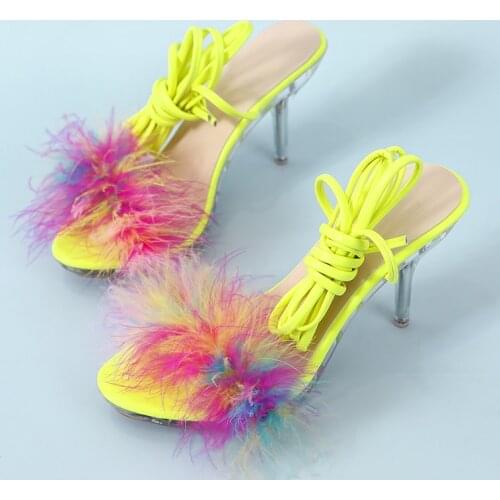 2021 Summer New Style European and American Hairy Lace Candy-colored Stiletto High-heeled Womens Shoes Roman Fashion Sandals