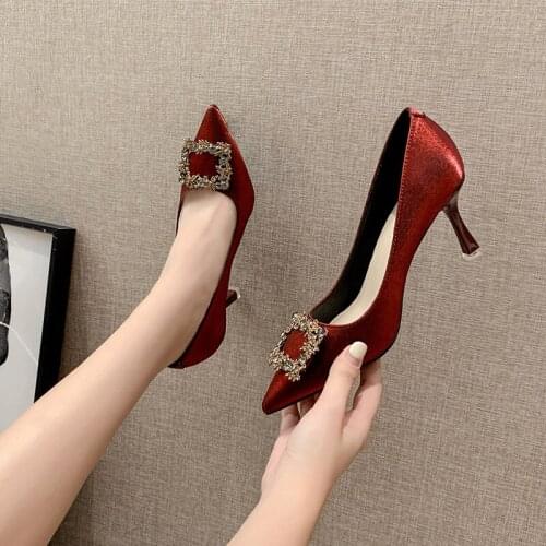 Fall 2021 New Pointed Toe High Heels Sexy Stiletto Rhinestone Square Buckle Red Wedding Shoes Nude Banquet Pumps Heels 7 Cm