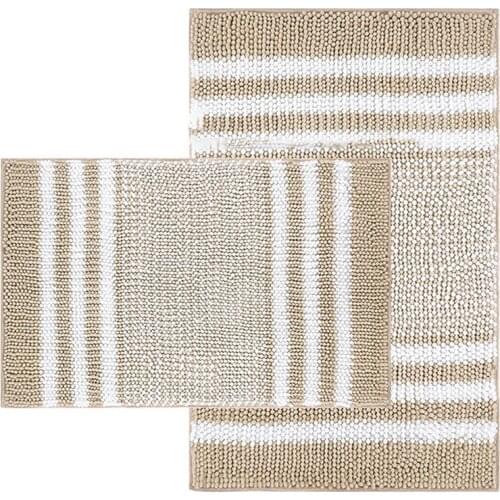 New Bathroom Rugs Set 2 Piece, Extra Soft and Absorbent Fluffy Striped Chenille Bath Mat Rug Set
