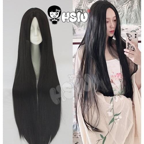 HSIU High Quality 100cm Long Straight Wig central parting Cosplay Wig black Costume Play Wigs Halloween party Anime Game Hair