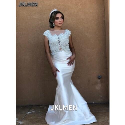 Pearls Beading Illusion Scoop Neck Mermaid Wedding Dress Capped Sleeves Trumpet Bridal Gown Satin Wedding Reception Dress