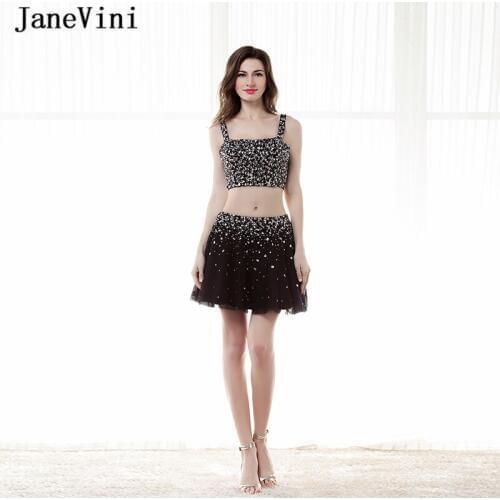 JaneVini Sexy Black Crystal Two Piece Homecoming Dresses 2019 Strapless Beading Short Prom Gowns A Line Girls Graduation Dresses