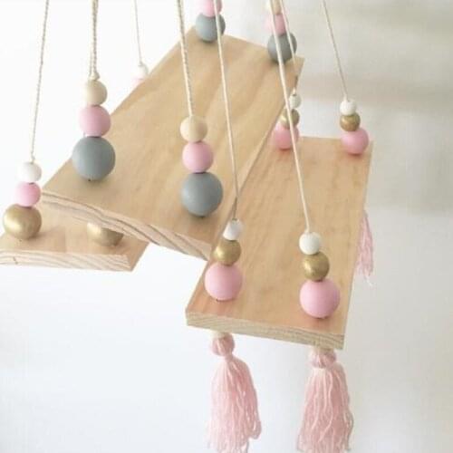 Bedroom Decoration Wall Hanging Ornaments Tassel Beads Pendant Wooden Board Storage Shelf Rack Photo Props Child Kid Room Home