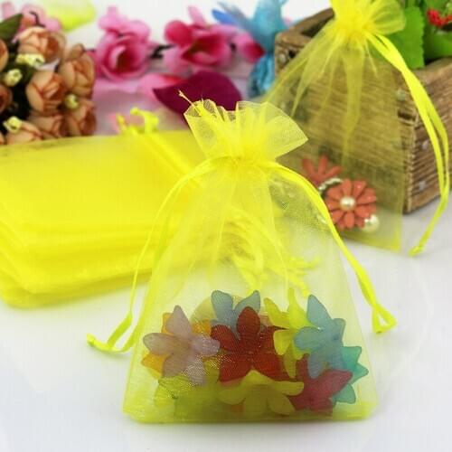 Yellow Organza Bag 5x7cm Mini Drawable Charms Earrings Jewelry Packaging Bag Pouches Cute Organza Gift Bags 100pcs/lot