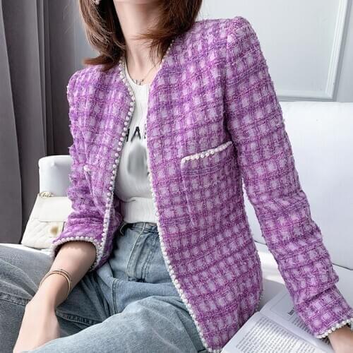 2020 Autumn Winter women designer fashion tweed jackets celebrity purple plaid pearls beading short coats y363