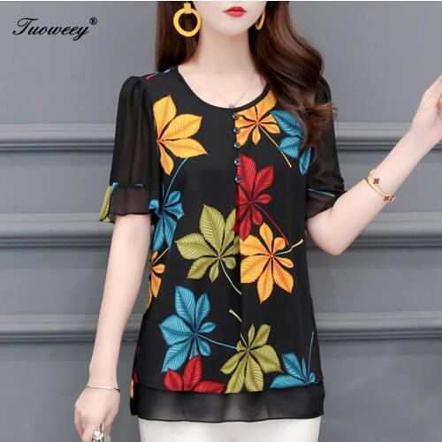 Womens blouses and shirts 2020 Summer Deep o-Neck Floral Printed Tunic Shirt floral Large Size Tops Loose Blouse camisa