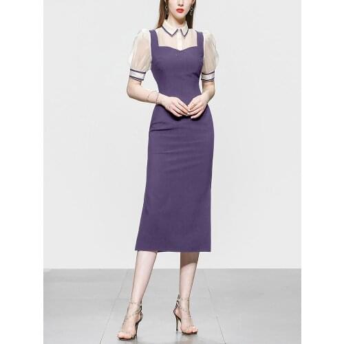 2021 Summer Runway Fashion Classical Style Vintage Turn Down Neck Short Lantern Sleeve Sexy Purple Slit Office Lady Dress Z374