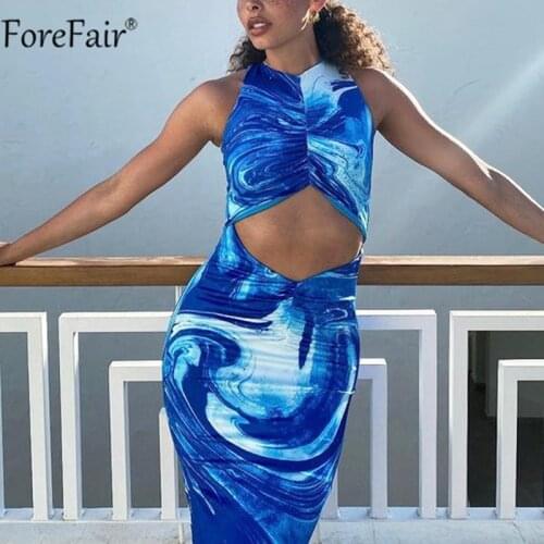 Forefair 2021 Beach Bodycon Sexy Dress Summer Hollow Out Off Shoulder Backless Print Tie Dye Blue Women Y2k Maxi Dresses Fashion